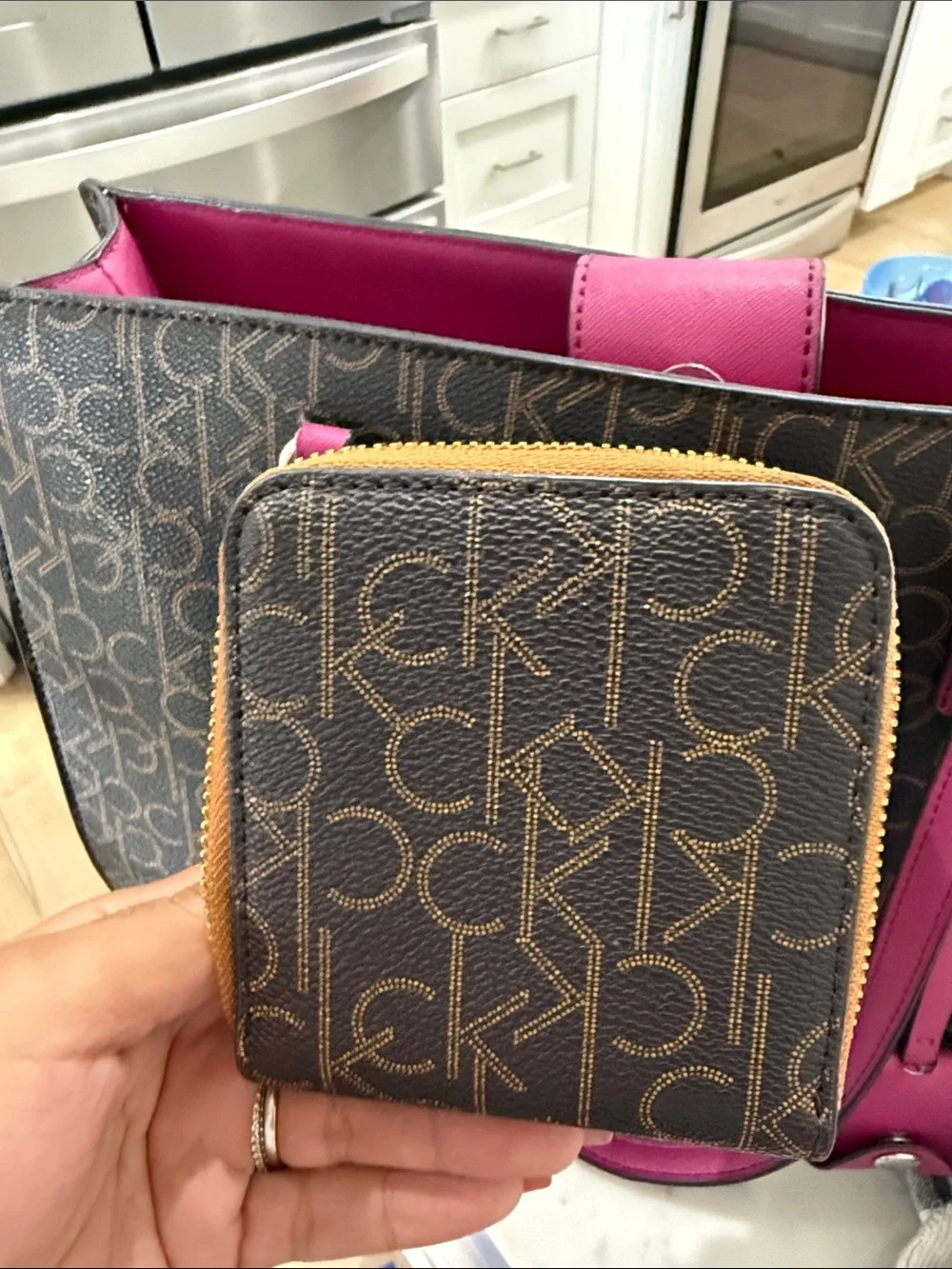 Calvin Klein Brown Monogram Tote with Fuchsia Trim